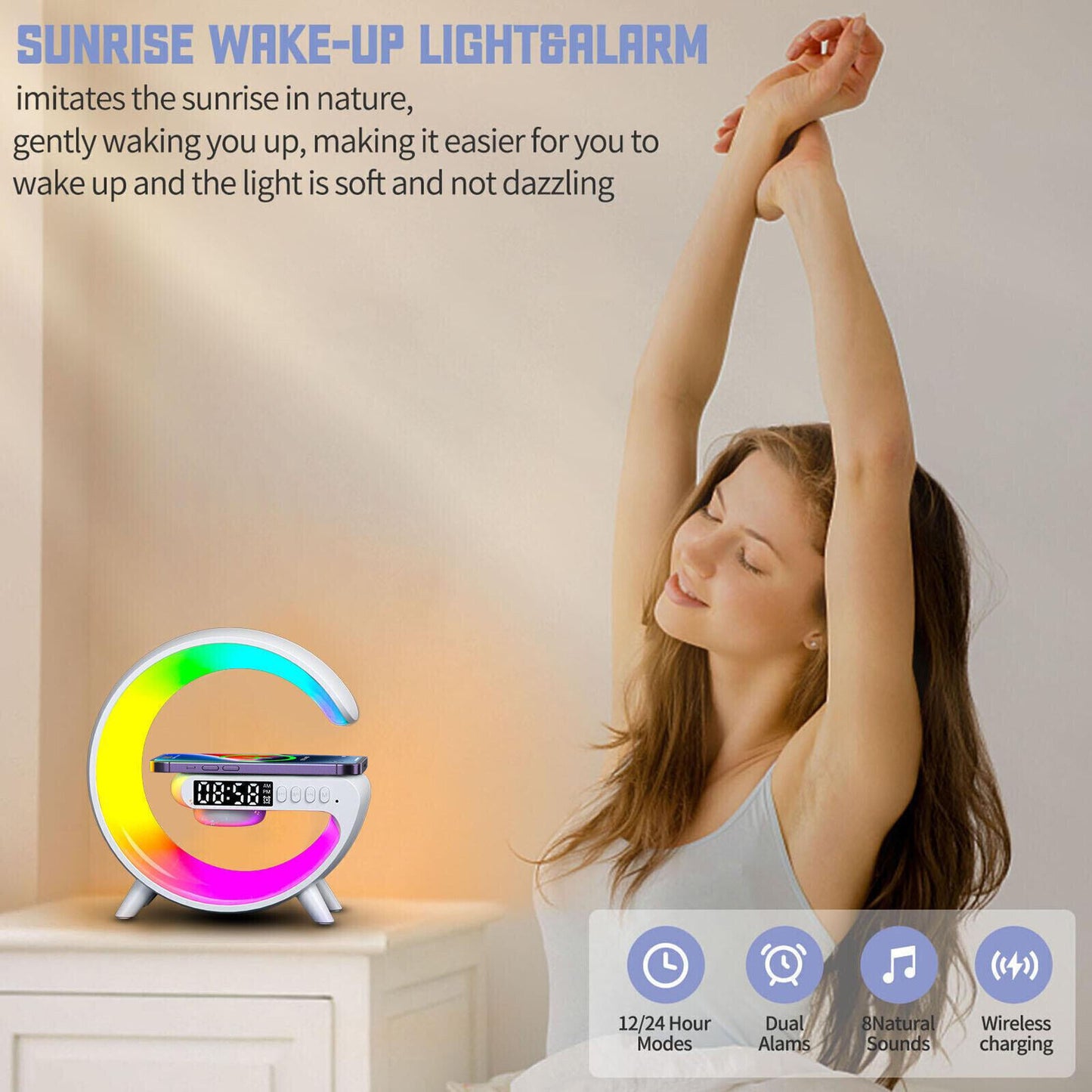 LED Smart Lamp Wireless Charger Bluetooth Speaker RGB Alarm Clock Night Light