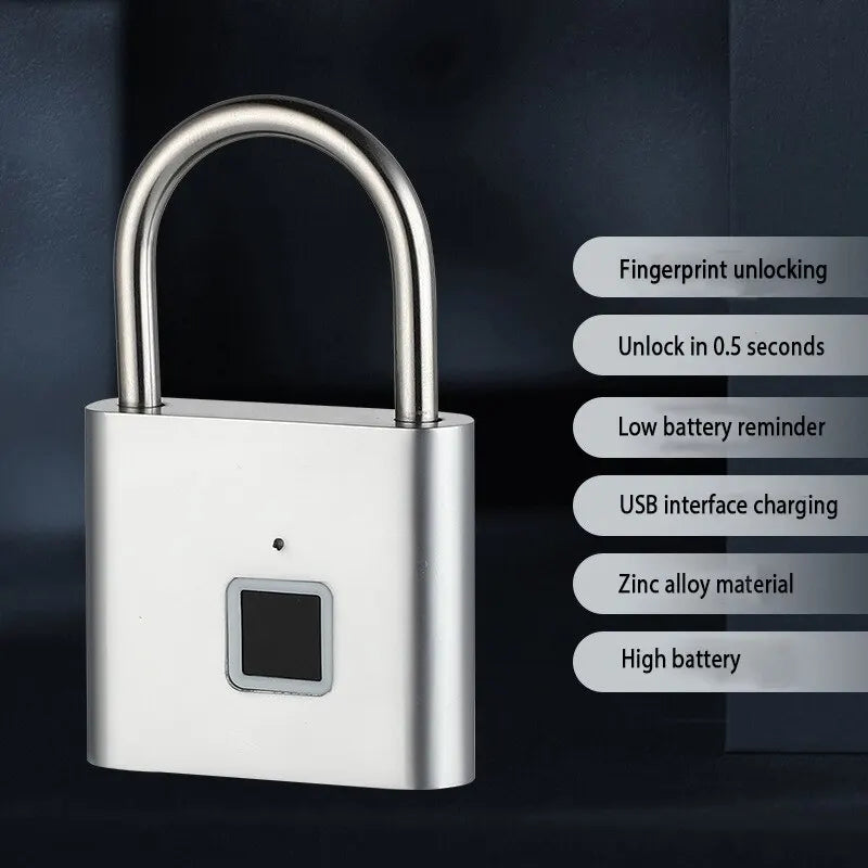 Portable Fingerprint Padlock USB Rechargeable Lithium Battery Waterproof Durable Zinc Alloy Lockbody